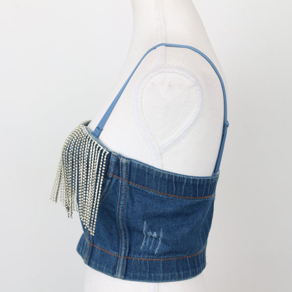 Cropped Denim Bralette with Rhinestone Detail – Sleeveless Festival Top | Size S | Pre-Loved