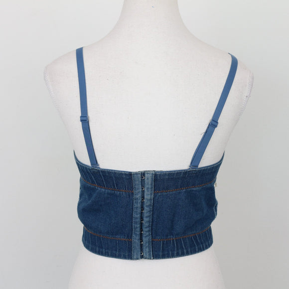 Cropped Denim Bralette with Rhinestone Detail – Sleeveless Festival Top | Size S | Pre-Loved