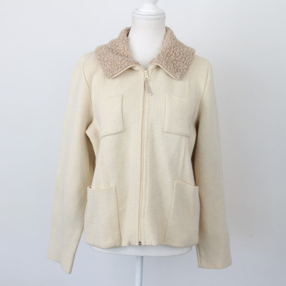 Cream Zip-Up Wool Jersey – Cosy Knit Cardigan for Layering | Size M | Pre-Loved