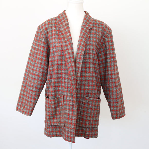 Grey & Orange Houndstooth Blazer – Checked Smart Casual Jacket | Size L | Pre-Loved