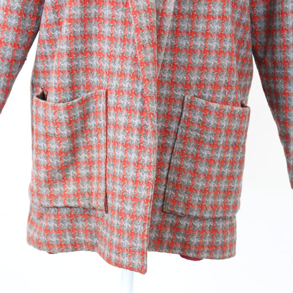 Grey & Orange Houndstooth Blazer – Checked Smart Casual Jacket | Size L | Pre-Loved