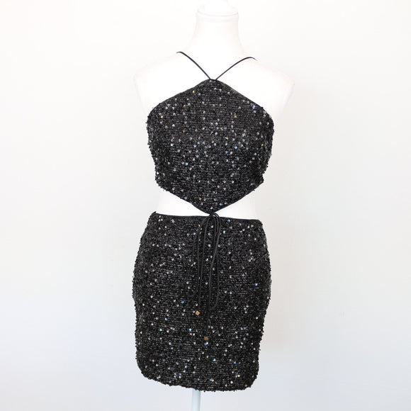 Mini Sparkly Black Cut-Out Cocktail Dress, Size XS