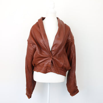 Brown Genuine Leather Bomber Jacket, Size S