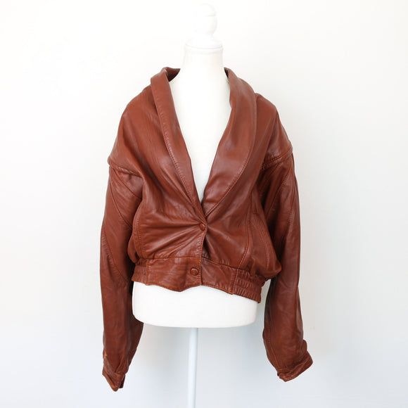 Brown Genuine Leather Bomber Jacket, Size S