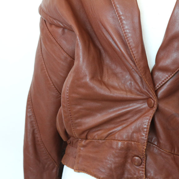 Brown Genuine Leather Bomber Jacket, Size S