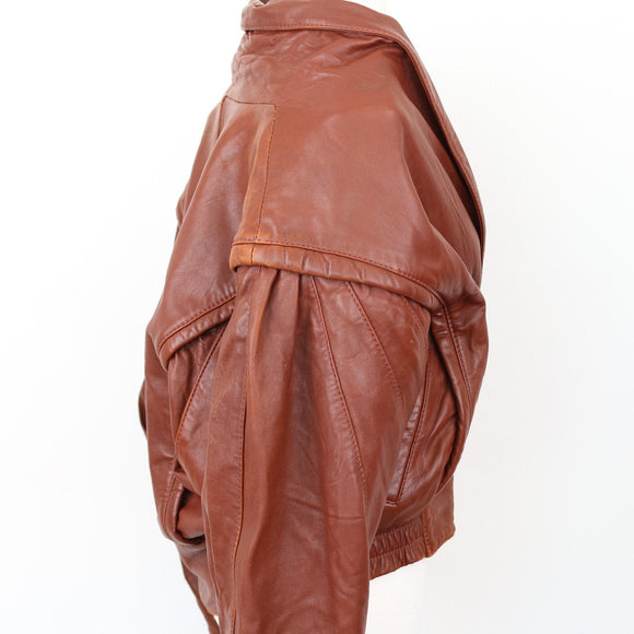 Brown Genuine Leather Bomber Jacket, Size S
