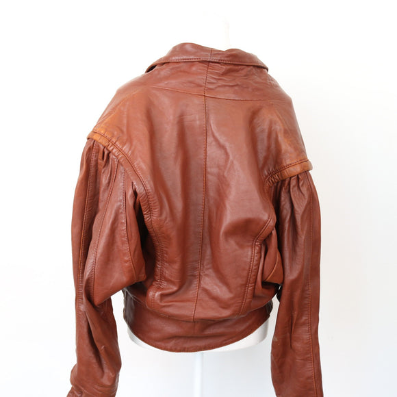 Brown Genuine Leather Bomber Jacket, Size S