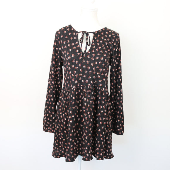 Cotton On Black & Floral Ribbed Winter Dress, Size S
