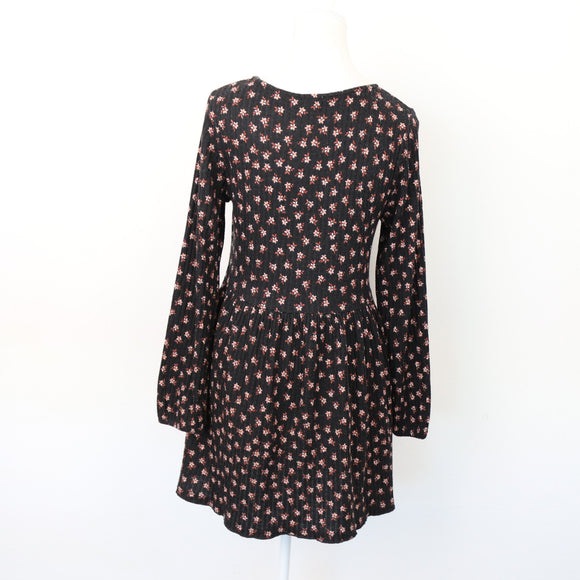Cotton On Black & Floral Ribbed Winter Dress, Size S