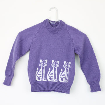 Hand-Knitted Purple-and-White Kitten Jersey, Size 6–7