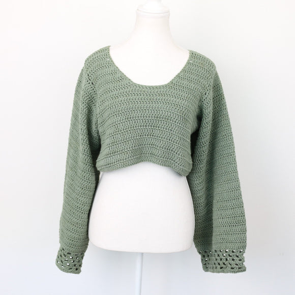 Hand-Knitted Sage Green Cropped Jersey, Size S