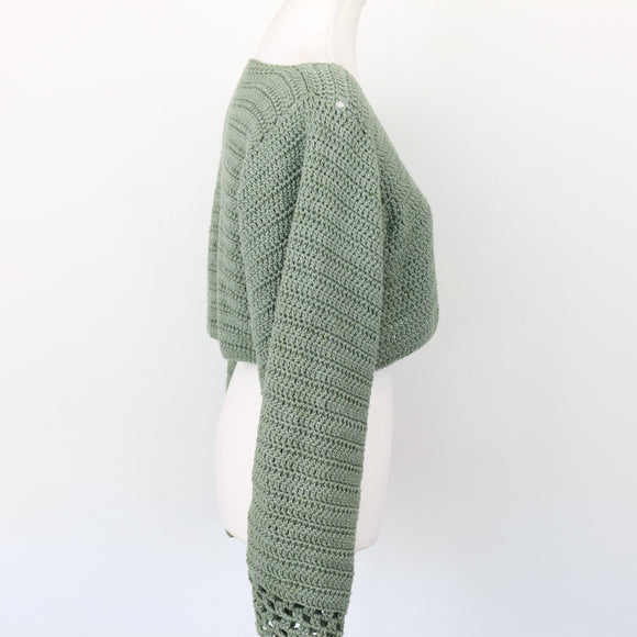 Hand-Knitted Sage Green Cropped Jersey, Size S