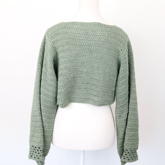 Hand-Knitted Sage Green Cropped Jersey, Size S