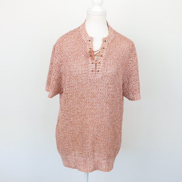 Orange Knitted Short-Sleeve Blouse, Size M