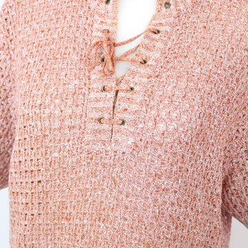 Orange Knitted Short-Sleeve Blouse, Size M - 0