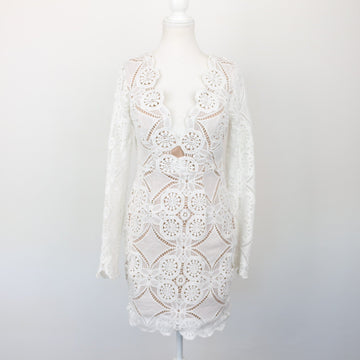 Cream-and-Beige Full-Lace Long-Sleeve Bodycon Dress, Size 10