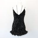 Black Sparkly Velvet Mini Dress with Faux Fur, Size XS-1