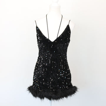 Black Sparkly Velvet Mini Dress with Faux Fur, Size XS