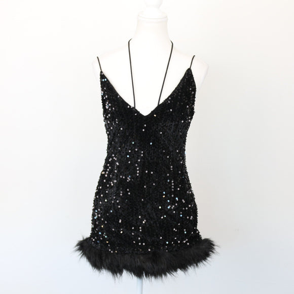 Black Sparkly Velvet Mini Dress with Faux Fur, Size XS