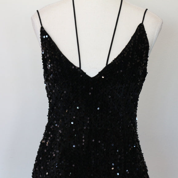 Black Sparkly Velvet Mini Dress with Faux Fur, Size XS