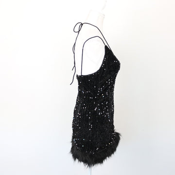 Black Sparkly Velvet Mini Dress with Faux Fur, Size XS - 0