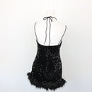 Black Sparkly Velvet Mini Dress with Faux Fur, Size XS-3