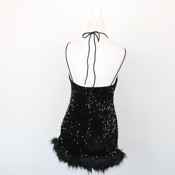 Black Sparkly Velvet Mini Dress with Faux Fur, Size XS