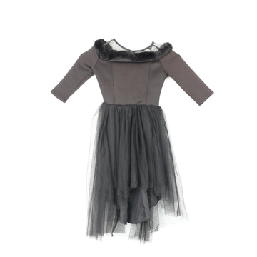 Black Off-the-Shoulder Tulle and Fur Dress, Size 7–8