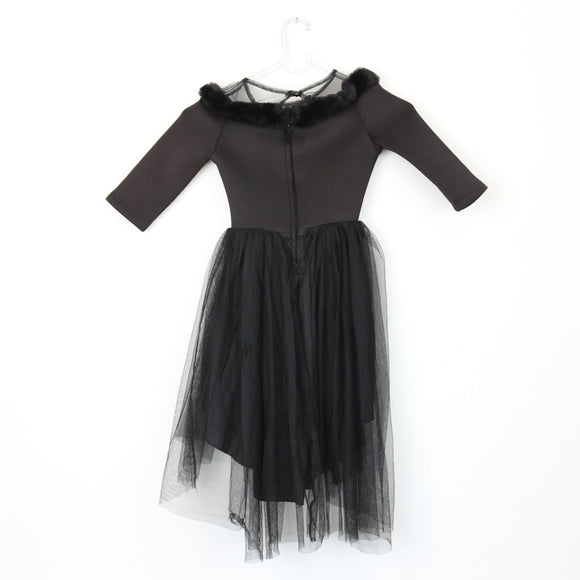 Black Off-the-Shoulder Tulle and Fur Dress, Size 7–8