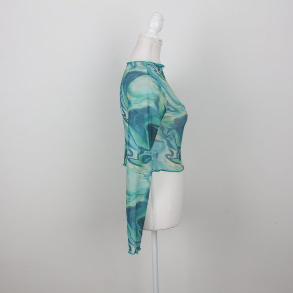 Green & Blue Sheer Long Sleeve Crop Top | Size S