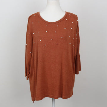 Burnt Orange Pearl-Embellished Soft Knit Top – Size M