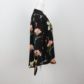Black Tropical Floral Tie-Cuff V-Neck Blouse – Size L - 0