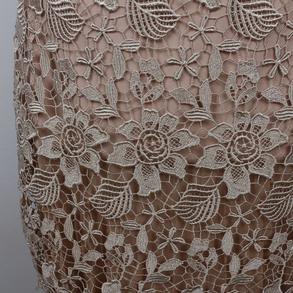 Champagne Floral Lace Bodice Pleated Chiffon Maxi Evening Gown – Size XL