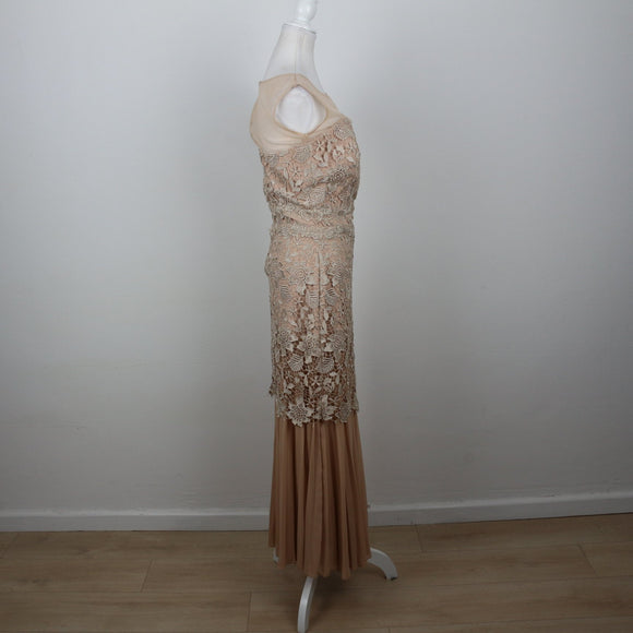 Champagne Floral Lace Bodice Pleated Chiffon Maxi Evening Gown – Size XL