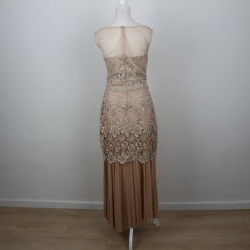 Champagne Floral Lace Bodice Pleated Chiffon Maxi Evening Gown – Size XL - 0