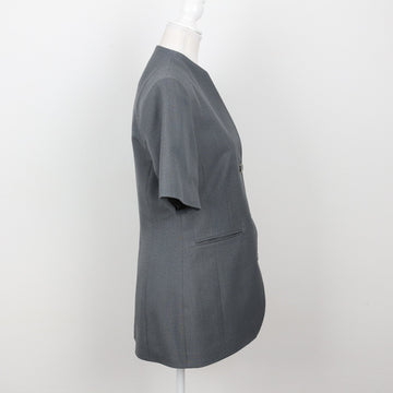 Slate Grey Collarless Short-Sleeve Three-Button Fitted Blazer – Size 32 - 0