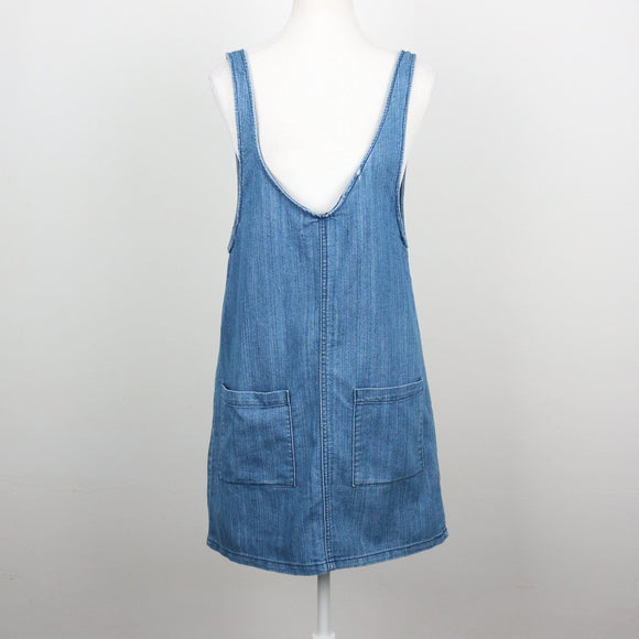 The Fix Mid-Wash Denim Pinafore Mini Dress with Patch Pockets – Size 6