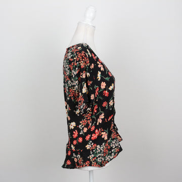 H&M Black Multi Floral Print V-Neck Tie-Front Flutter Blouse – Size 8 - 0