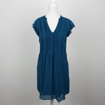 Teal Pintuck V-Neck Cap-Sleeve Chiffon Mini Dress – Size 32