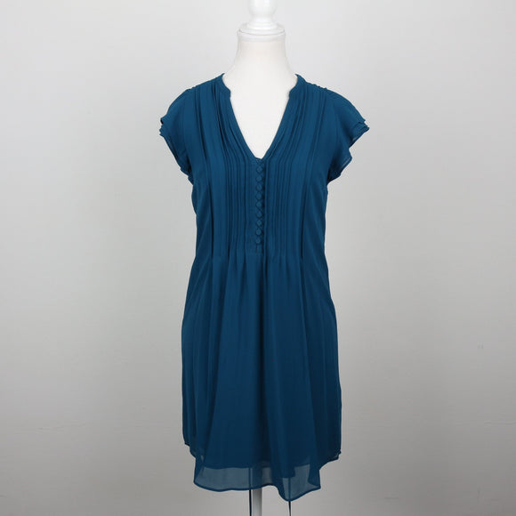 Teal Pintuck V-Neck Cap-Sleeve Chiffon Mini Dress – Size 32