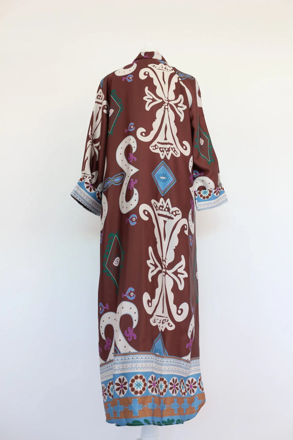 Brown satin paisley shirt dress midi length