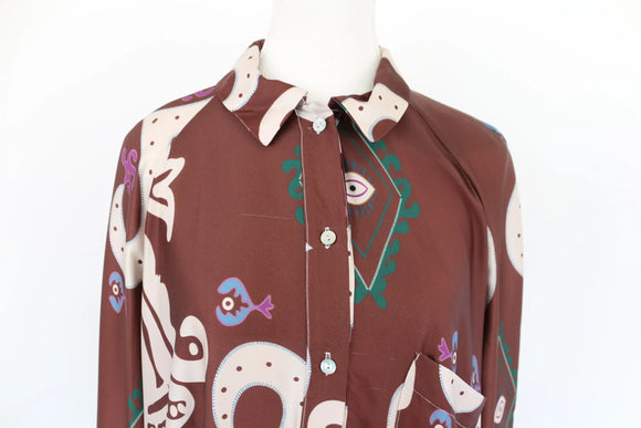 Brown satin paisley shirt dress midi length