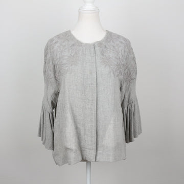 Zara Light Grey Tonal Floral Embroidered Collarless Pleated Bell-Sleeve Jacket – Size M
