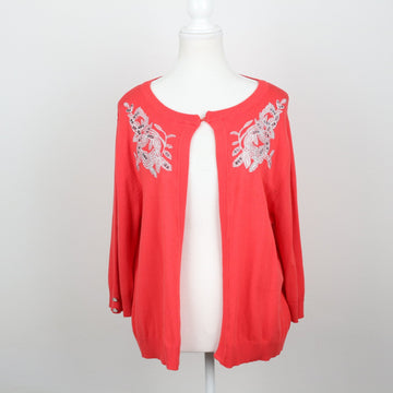 Milady's Coral Floral Sequin & Embroidered Shoulder Detail Open-Front Knit Cardigan – Size 2XL