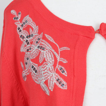Milady's Coral Floral Sequin & Embroidered Shoulder Detail Open-Front Knit Cardigan – Size 2XL - 0