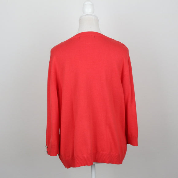 Milady's Coral Floral Sequin & Embroidered Shoulder Detail Open-Front Knit Cardigan – Size 2XL