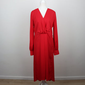 Carducci Woman Scarlet Red Surplice V-Neck Draped Long-Sleeve Midi Wrap Dress – Size 34