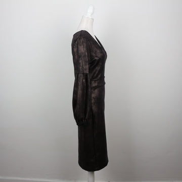 Dark Bronze Metallic Faux Leather V-Neck Bishop-Sleeve Fitted Midi Dress – Size M - 0