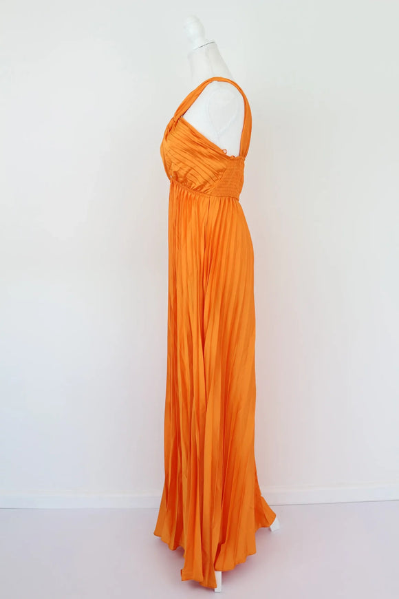 Orange Satin One-Shoulder Pleated Maxi Dress | Sizes M & L | Brand New