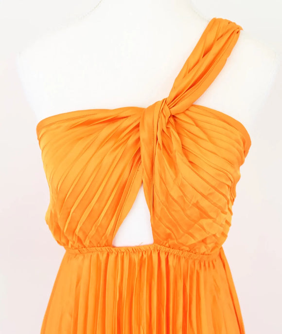 Orange Satin One-Shoulder Pleated Maxi Dress | Sizes M & L | Brand New